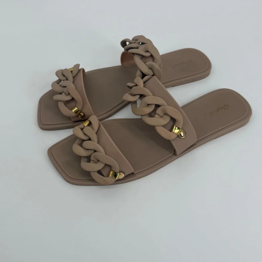 Qupid‎ Jelly Slide Sandals Womens Size 10 Tan Good Chain Link Square Toe Flat